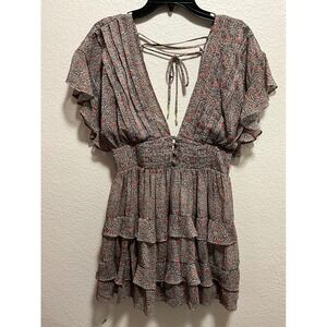 Tularosa Floral Print Ruffle Tiered Mini Dress size S Deep V Lace Up Back